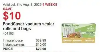 Costco FoodSaver vacuum sealer rolls and bags offer