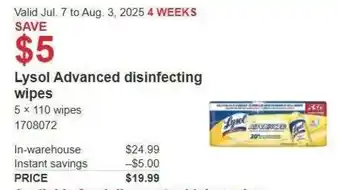 Costco Lysol Advanced disinfecting wipes offer