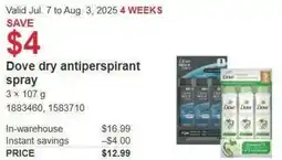 Costco Dove dry antiperspirant spray offer
