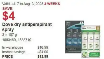Costco Dove dry antiperspirant spray offer