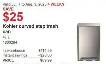 Costco Kohler curved step trash can offer