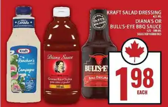 Food Basics Kraft Salad Dressing, Diana's or Bull's-Eye BBQ Sauce offer