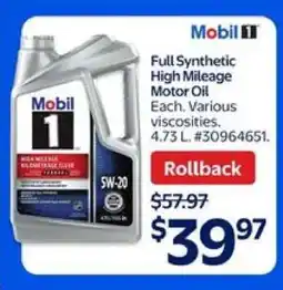Walmart Mobil 1 Full Synthetic High Mileage Motor Oil offer