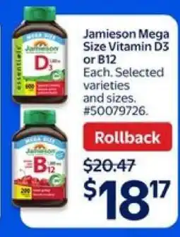 Walmart Jamieson Mega Size Vitamin D3 or B12 offer