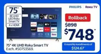 Walmart 75 4K UHD Roku Smart TV offer