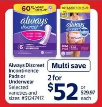 Walmart Always Discreet Incontinence Pads or Underwear offer