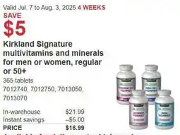 Costco Kirkland Signature multivitamins and minerals for men or women, regular or 50+ offer