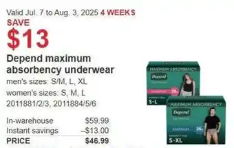 Costco Depend maximum absorbency underwear offer