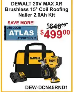 Atlas Tools & Machinery DEWALT 20V MAX XR Brushless 15° Coil Roofing Nailer 2.0Ah Kit offer