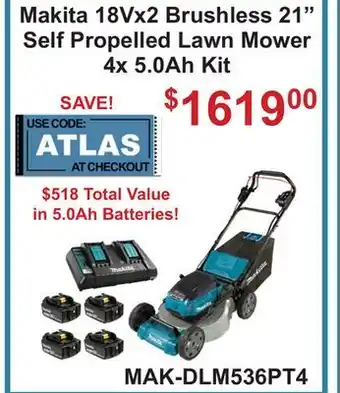 Atlas Tools & Machinery Makita 18Vx2 Brushless 21 Self Propelled Lawn Mower 4x 5.0Ah Kit offer