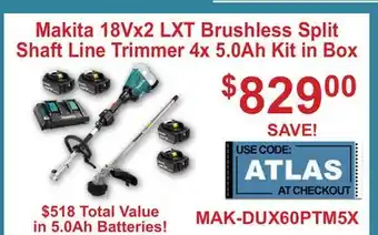 Atlas Tools & Machinery Makita 18Vx2 LXT Brushless Split Shaft Line Trimmer 4x 5.0Ah Kit in Box offer