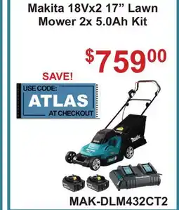 Atlas Tools & Machinery Makita 18Vx2 17 Lawn Mower 2x 5.0Ah Kit offer