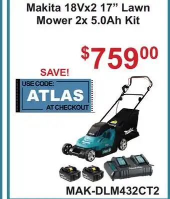 Atlas Tools & Machinery Makita 18Vx2 17 Lawn Mower 2x 5.0Ah Kit offer