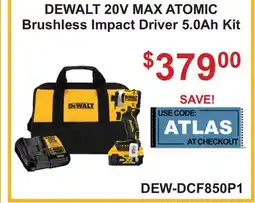 Atlas Tools & Machinery DEWALT 20V MAX ATOMIC Brushless Impact Driver 5.0Ah Kit offer