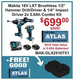Atlas Tools & Machinery Makita 18V LXT Brushless 1/2 Hammer Drill/Driver & 1/4 Impact Driver offer