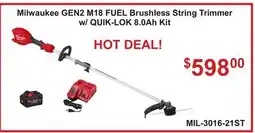Atlas Tools & Machinery Milwaukee GEN2 M18 FUEL Brushless String Trimmer w/ QUIK-LOK 8.0Ah Kit offer