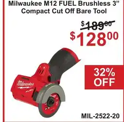 Atlas Tools & Machinery Milwaukee M12 FUEL Brushless 3 Compact Cut OffBare Tool offer