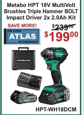 Atlas Tools & Machinery Metabo HPT 18V MultiVolt Brushles Triple Hammer BOLT Impact Driver 2x 2.0Ah Kit offer