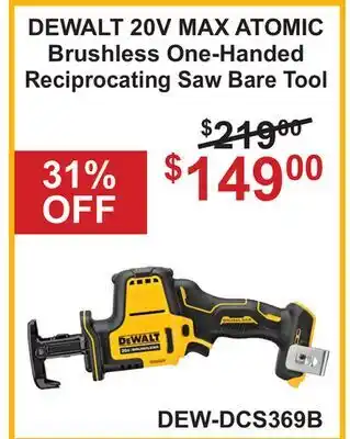 Atlas Tools & Machinery DEWALT 20V MAX ATOMIC Brushless One-Handed Reciprocating Saw Bare Tool offer