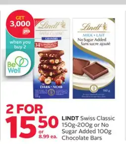 Rexall LINDT Swiss Classic 150g-200g or No Sugar Added 100g Chocolate Bars offer