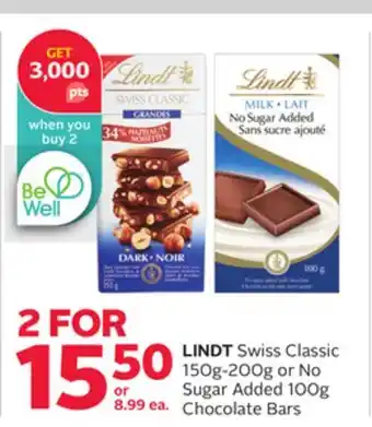Rexall LINDT Swiss Classic 150g-200g or No Sugar Added 100g Chocolate Bars offer