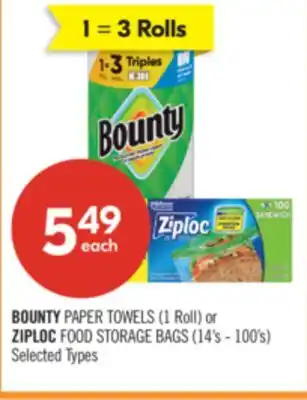 Shoppers Drug Mart BOUNTY PAPER TOWELS (1 Roll) or ZIPLOC FOOD STORAGE BAGS (14's - 100's) offer