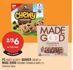 Shoppers Drug Mart PC SWEET & SALTY, QUAKER CHEWY or MADE GOOD ORGANIC GRANOLA BARS 5's offer