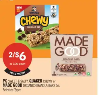 Shoppers Drug Mart PC SWEET & SALTY, QUAKER CHEWY or MADE GOOD ORGANIC GRANOLA BARS 5's offer
