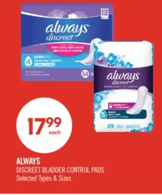 Shoppers Drug Mart ALWAYS DISCREET BLADDER CONTROL PADS offer