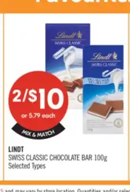 Shoppers Drug Mart LINDT SWISS CLASSIC CHOCOLATE BAR offer