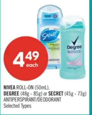Shoppers Drug Mart NIVEA ROLL-ON (50mL) DEGREE (48g - 85g) or SECRET (45g - 73g) ANTIPERSPIRANT/DEODORANT offer