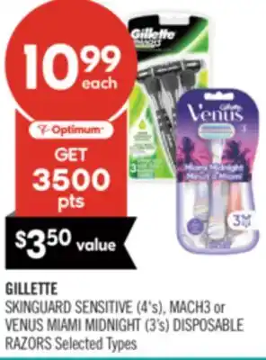 Shoppers Drug Mart GILLETTE SKINGUARD SENSITIVE (4's), MACH3 or VENUS MIAMI MIDNIGHT (3's) DISPOSABLE RAZORS offer