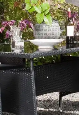 JYSK KUBUS Patio dining table, umbrella hole, glass top, polyester covered steel frame offer