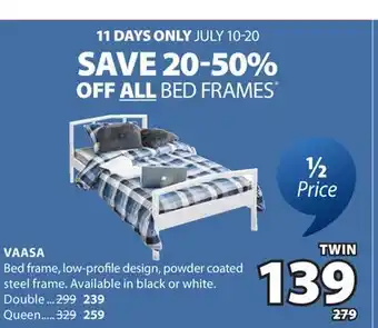 JYSK VAASA Bed frame, low-profile design, powder coated steel frame offer