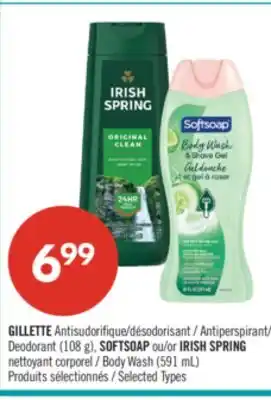 Pharmaprix GILLETTE Antiperspirant Deodorant (108g), SOFTSOAP or IRISH SPRING Body Wash (591 mL) offer