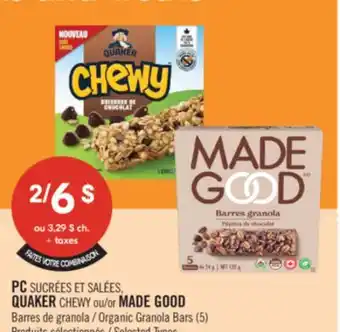 Pharmaprix PC SUCRÉES ET SALÉES, QUAKER CHEWY or MADE GOOD Organic Granola Bars (5) offer