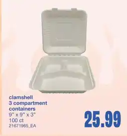 Wholesale Club CLAMSHELL 3 COMPARTMENT CONTAINERS, 9 x 9 x 3 100 ct offer