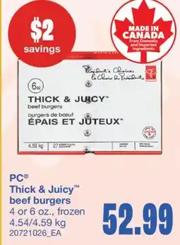 Wholesale Club THICK & JUICY BEEF BURGERS, 4 or 6 oz offer