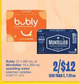Wholesale Club BUBLY, 12 X 355 ML OR MONTELLIER, 10 X 355 ML SPARKLING WATER offer