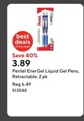 Staples Pentel EnerGel Liquid Gel Pens, Retractable, 2 pk offer