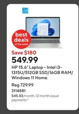 Staples HP 15.6 Laptop - Intel i3-1315U/512GB SSD/16GB RAM/Windows 11 Home offer