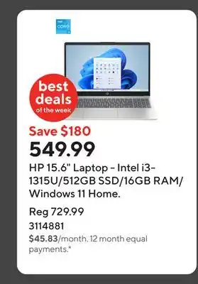 Staples HP 15.6 Laptop - Intel i3-1315U/512GB SSD/16GB RAM/Windows 11 Home offer