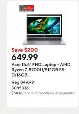 Staples Acer 15.6 FHD Laptop - AMD Ryzen 7-5700U/512GB SSD/16GB RAM/Windows 11 offer