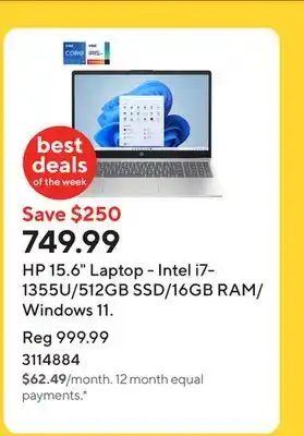 Staples HP 15.6 Laptop - Intel i7-1355U/512GB SSD/16GB RAM/Windows 11 offer
