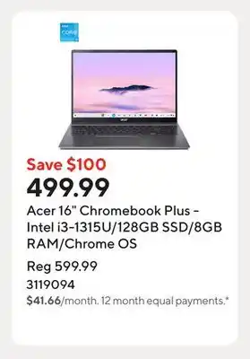 Staples Acer 16 Chromebook Plus - Intel i3-1315U/128GB SSD/8GB RAM/Chrome OS offer