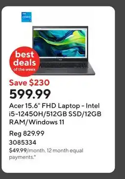 Staples Acer 15.6 FHD Laptop - Intel i5-12450H/512GB SSD/12GB RAM/Windows 11 offer