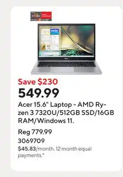 Staples Acer 15.6 Laptop - AMD Ryzen 3 7320U/512GB SSD/16GB RAM/Windows 11 offer