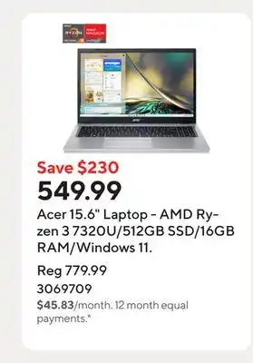 Staples Acer 15.6 Laptop - AMD Ryzen 3 7320U/512GB SSD/16GB RAM/Windows 11 offer