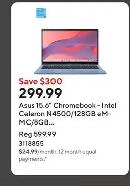 Staples Asus 15.6 Chromebook - Intel Celeron N4500/128GB eMMC/8GB RAM/Chrome OS offer