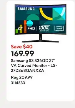 Staples Samsung S3 S36GD 27 VA Curved Monitor - LS27D368GANXZA offer